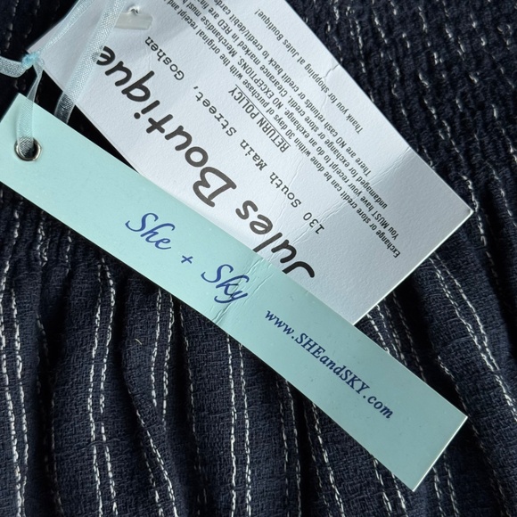 NWT She + Sky Navy Striped Smocked Off Shoulder Long Sleeve Top – Size S - Picture 9 of 12